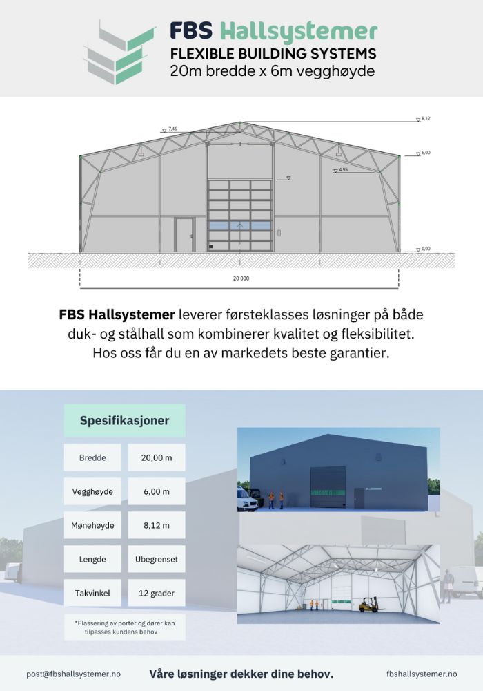 Produktark for plasthall 20m levert av FBS Hallsystemer med spesifikasjoner.