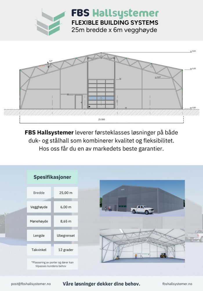 Produktark for plasthall 25m levert av FBS Hallsystemer med spesifikasjoner.