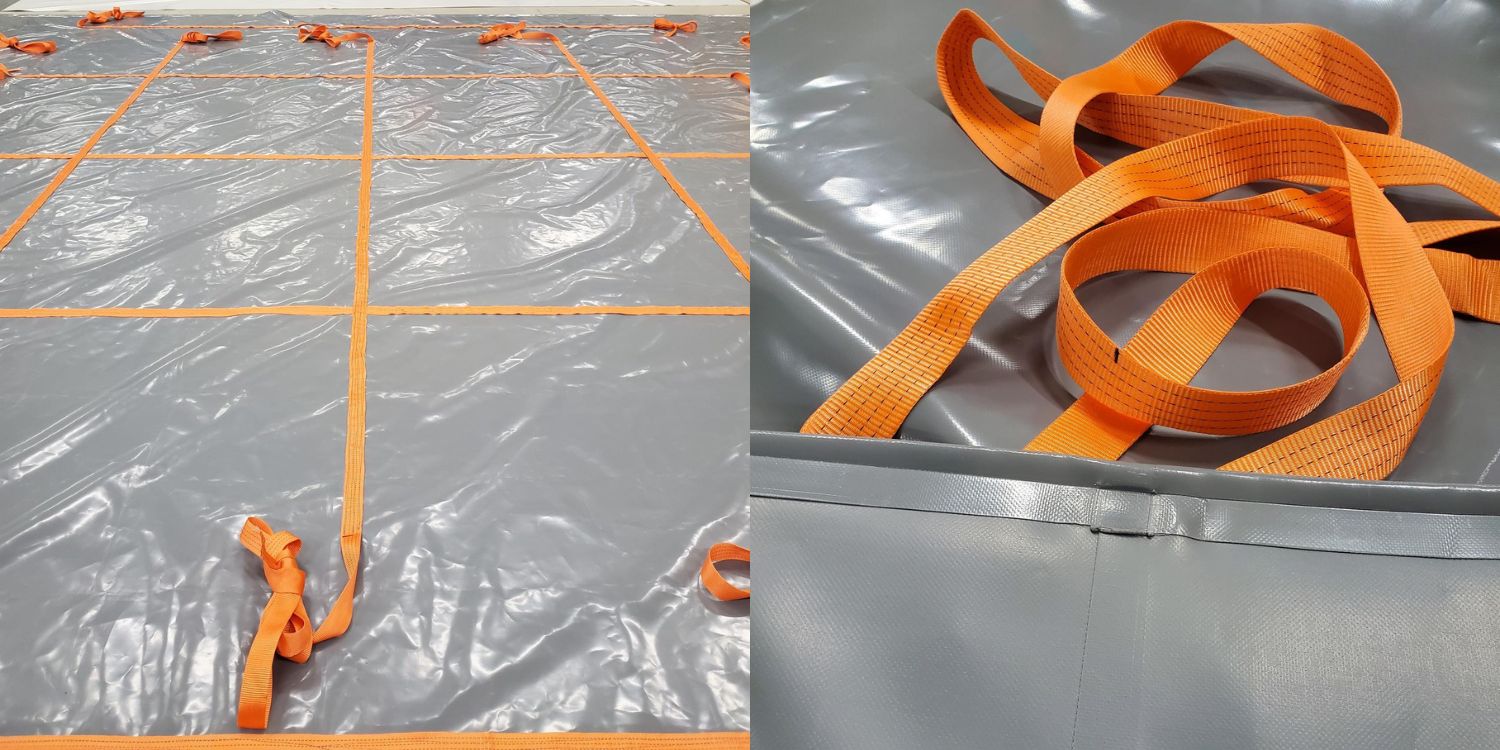 Skreddersydde løfte og lagringspresenninger 50mm PVC knatforsterkning.